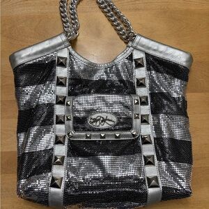 Betsey Johnson RARE Vintage cow leather trim metal mesh body Y2K shoulder bag